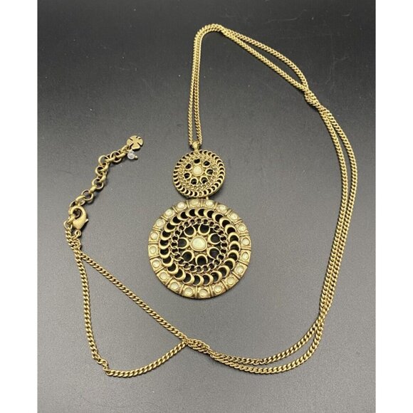 Lucky Brand Jewelry - Lucky Brand Necklace Gold Tone Tribal Double Disk Crescent Faux Moon Stone 29+2"